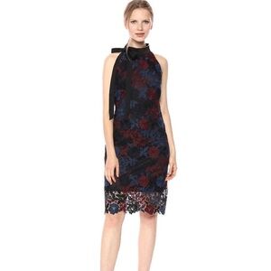 NWT Sam Edelman Women's High Neck Lace Dress‎ w/ Bow Size 2 Black/Red Midi Dress
